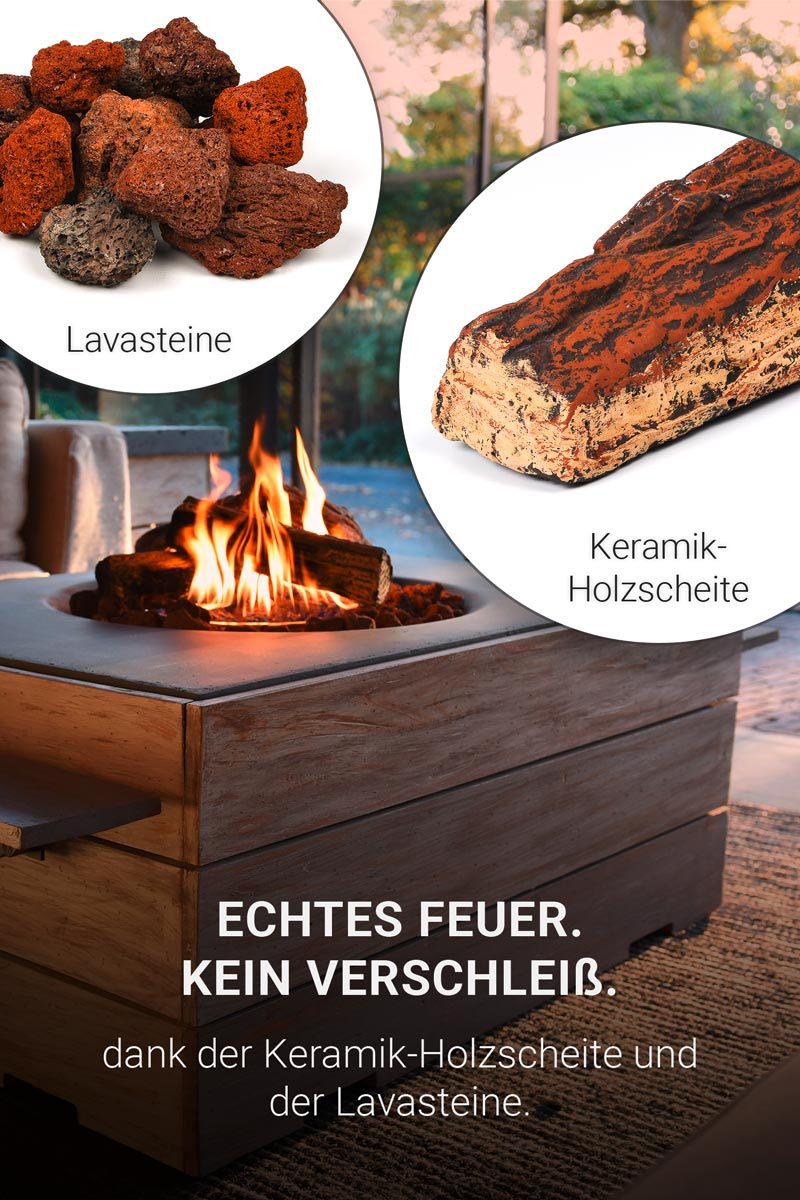Echtes Feuer, kein Verschlei&szlig; mit Keramik-Holzscheite und Lavasteine